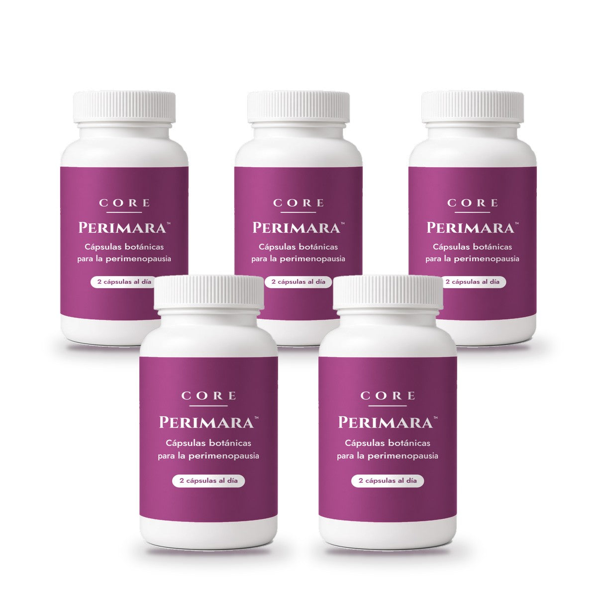 5 paquetes de Perimara™ Perimenopause Capsules: cinco frascos, tres atrás y dos al frente