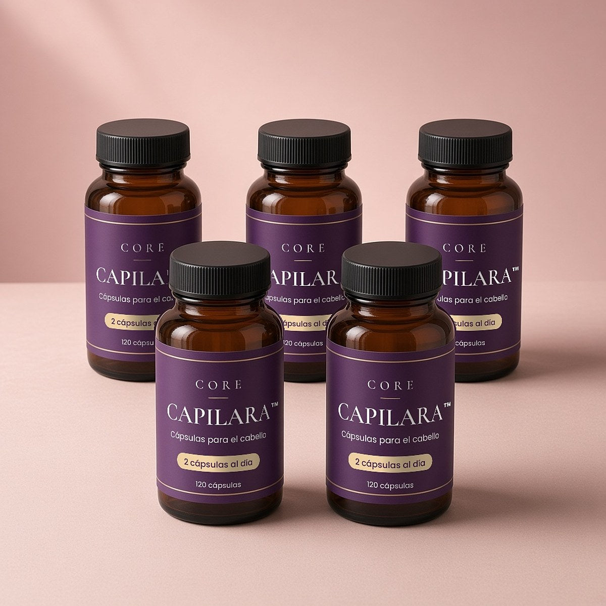 5 paquetes de Capilara™ Hair Growth Capsules for Women: cinco frascos, tres atrás y dos al frente