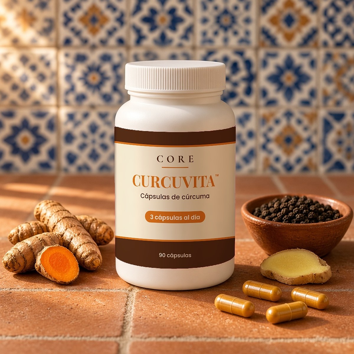 Frasco de Curcuvita™ de Core sobre una barra de cocina de barro con azulejos de talavera, raíces de cúrcuma, pimienta negra, jengibre y cápsulas sueltas