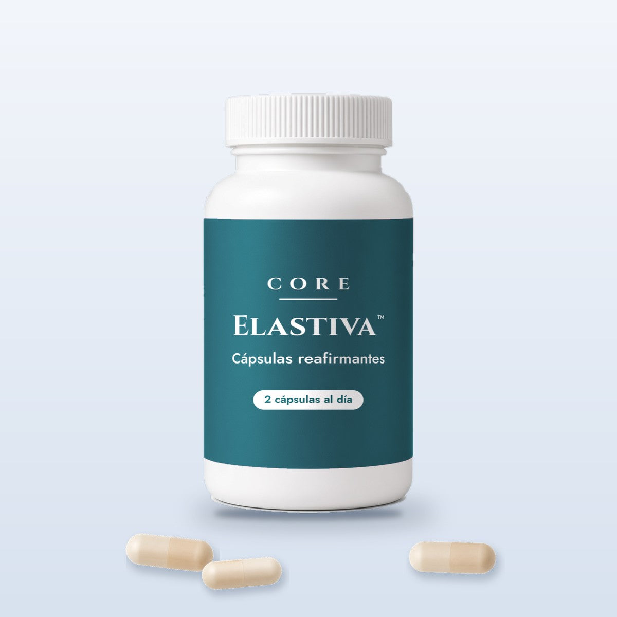 Frasco de Elastiva™ Firming Peptide Capsules de Core con tres cápsulas beige al frente