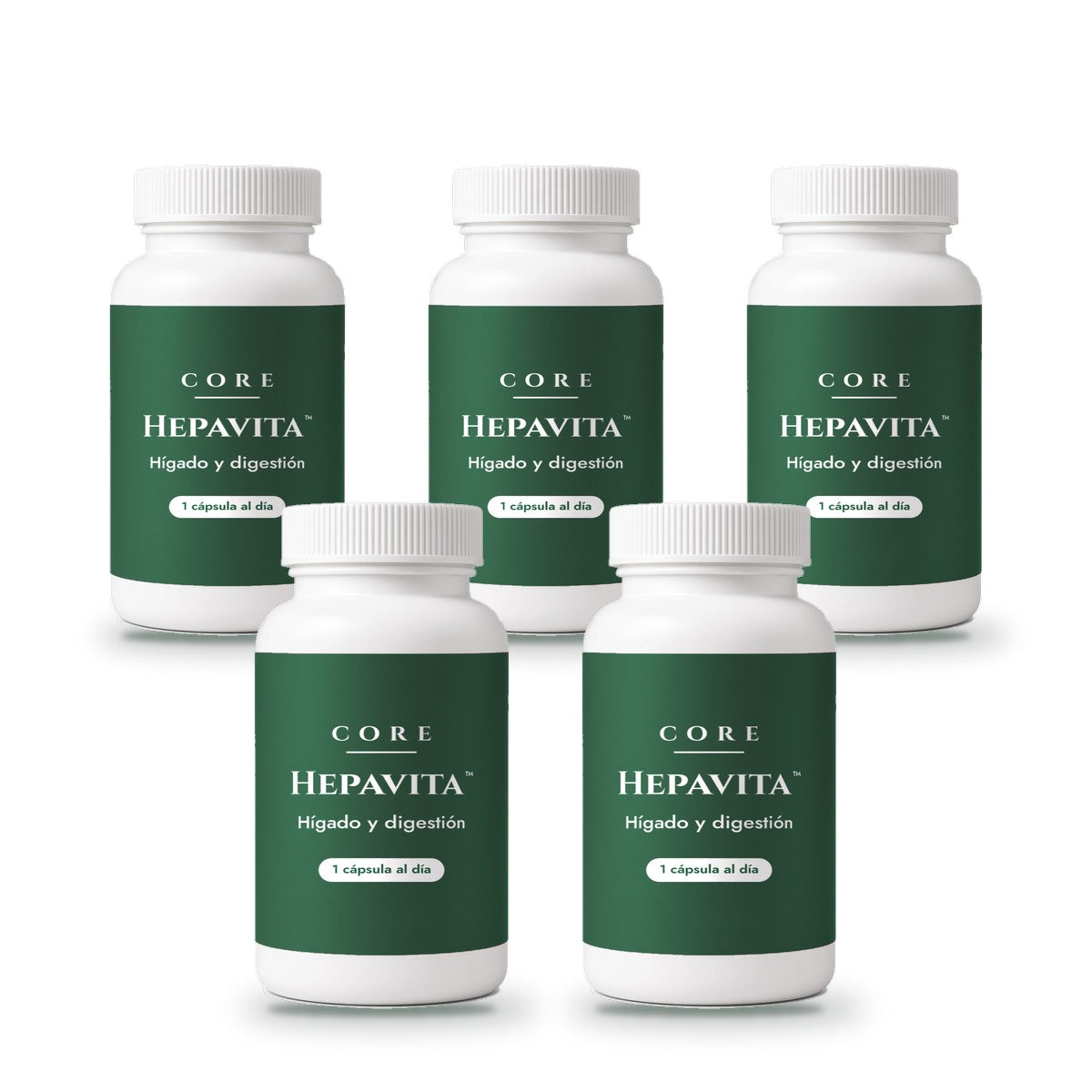 5 paquetes de Hepavita™ Liver & Digestive Support: cinco frascos de cápsulas, tres atrás y dos al frente