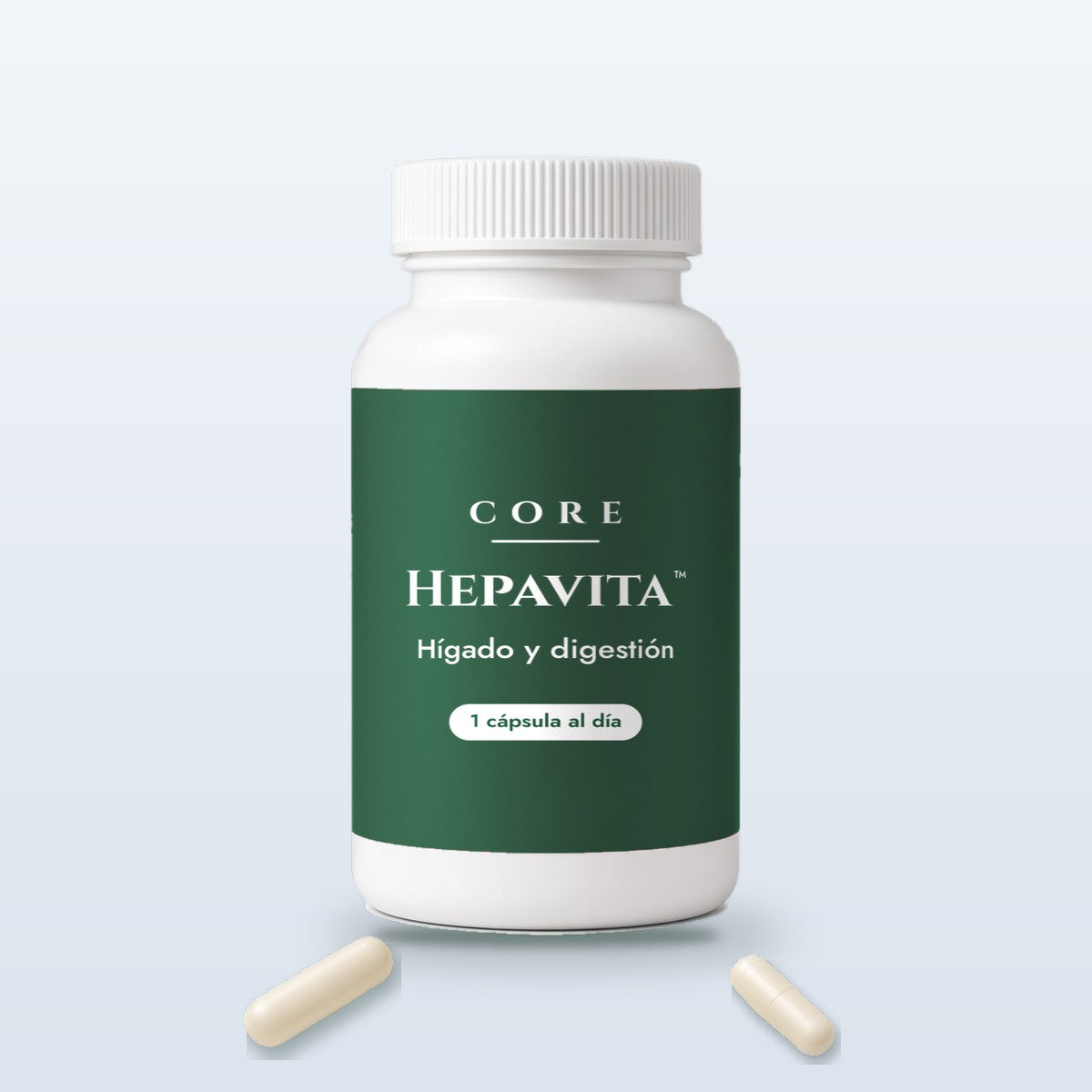 Frasco de Hepavita™ de Core con dos cápsulas beige sueltas al frente