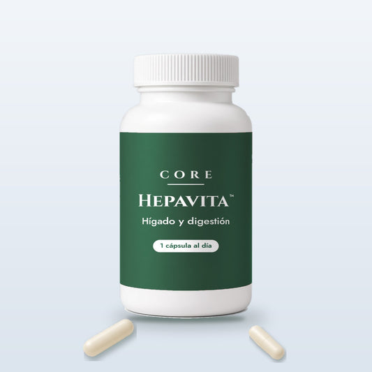 Frasco de Hepavita™ de Core con dos cápsulas beige sueltas al frente