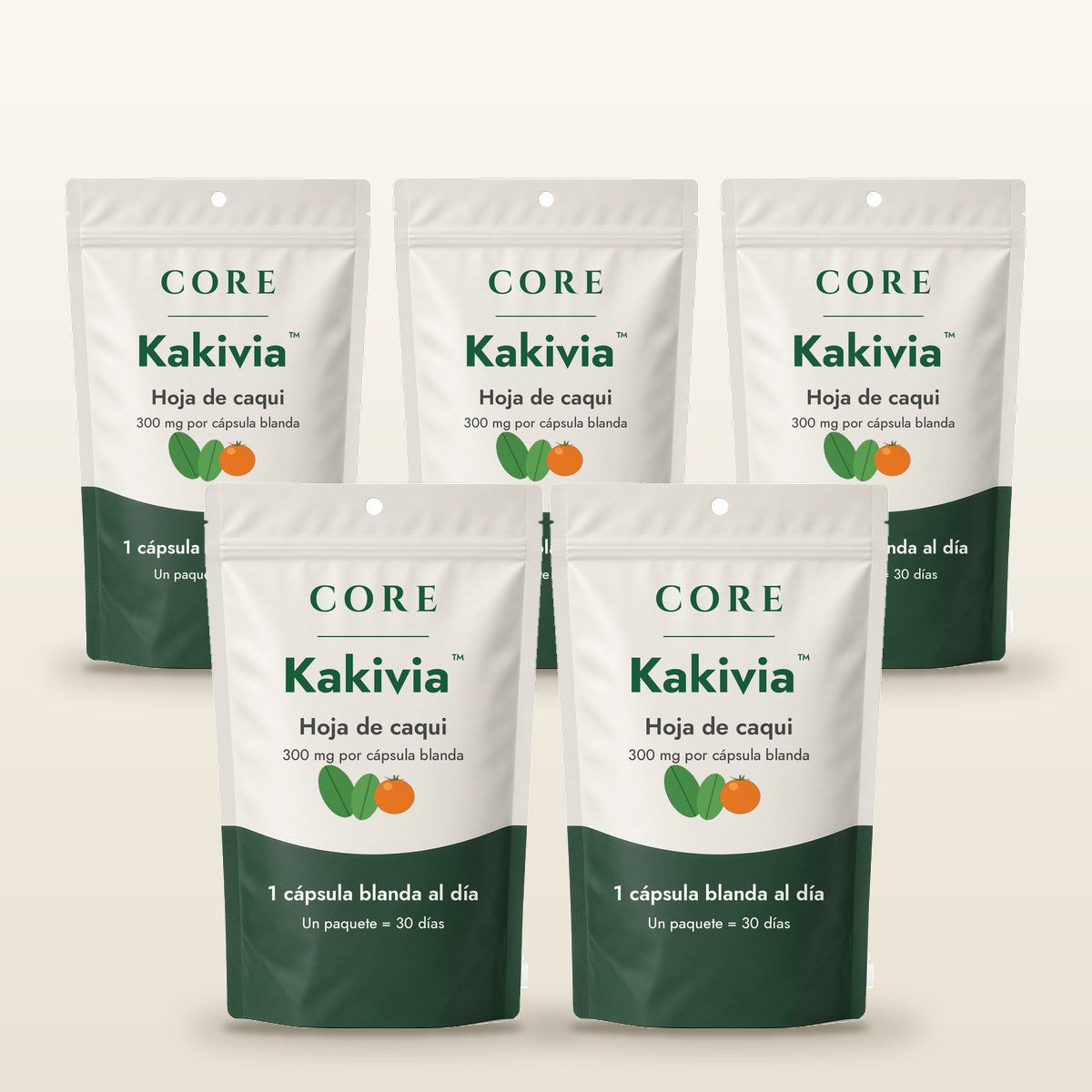 5 paquetes de Kakivia™ Persimmon Leaf Softgels: cinco bolsas, tres atrás y dos al frente