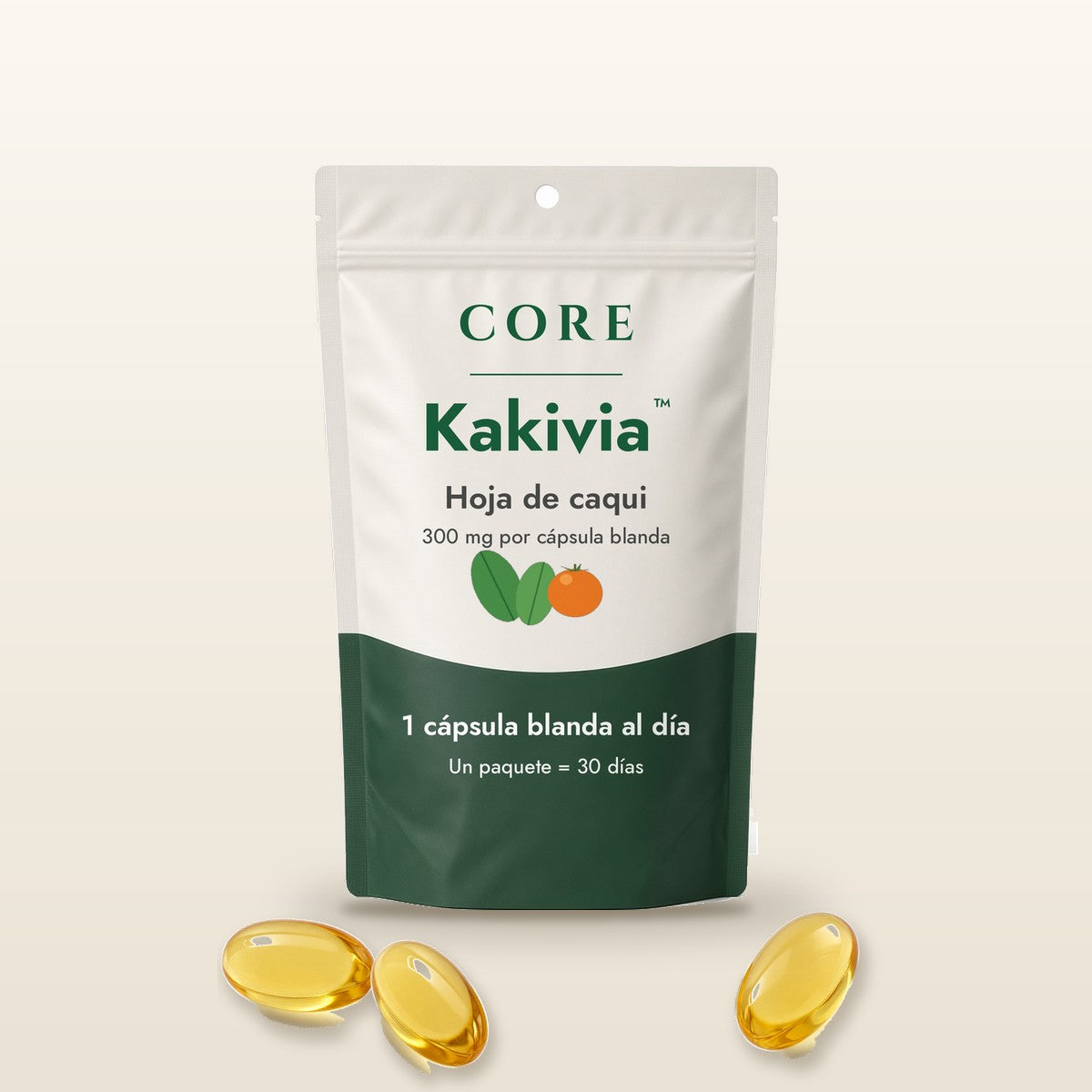 Bolsa de Kakivia™ Persimmon Leaf Softgels de Core con tres cápsulas blandas doradas al frente
