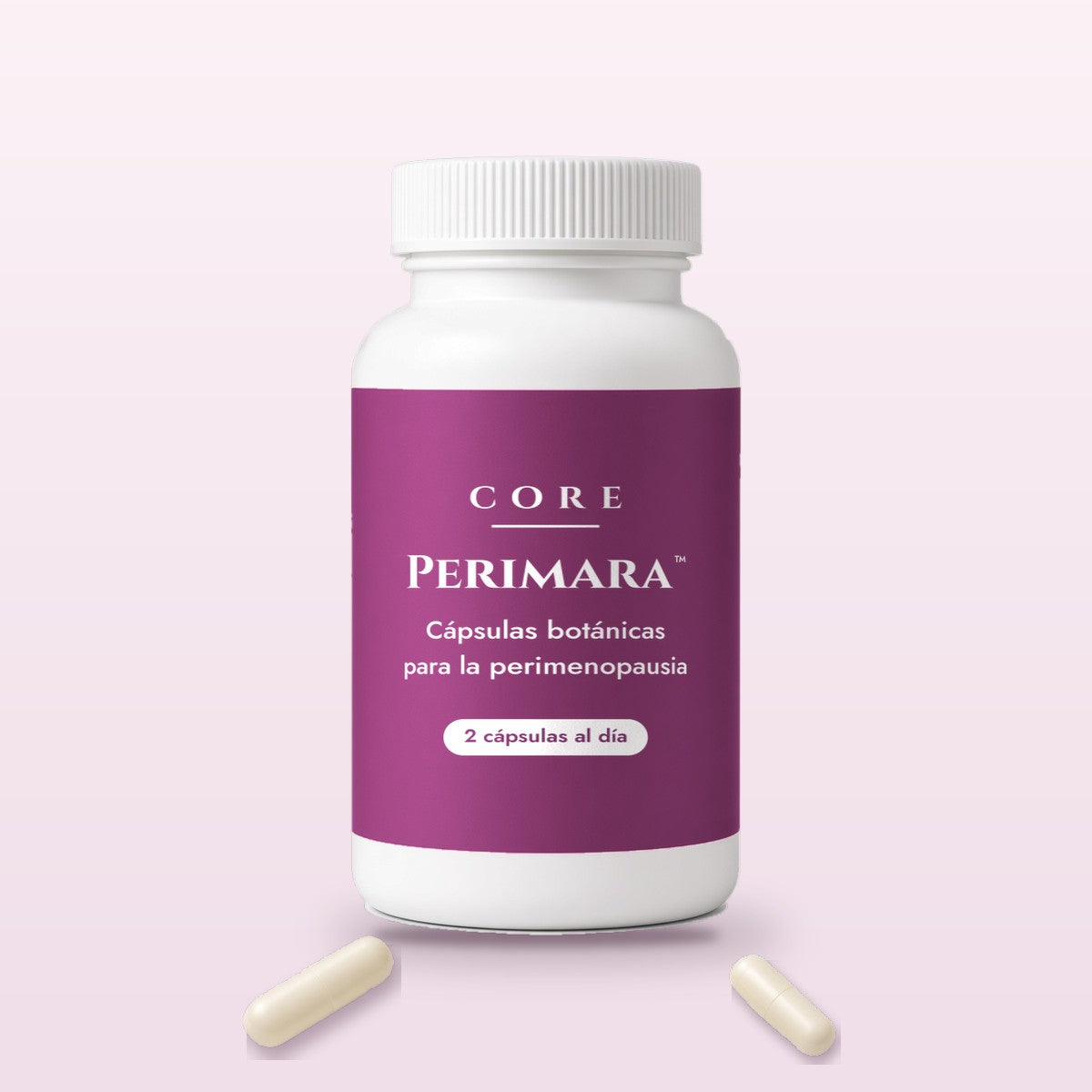 Frasco de Perimara™ Perimenopause Capsules de Core con dos cápsulas claras al frente
