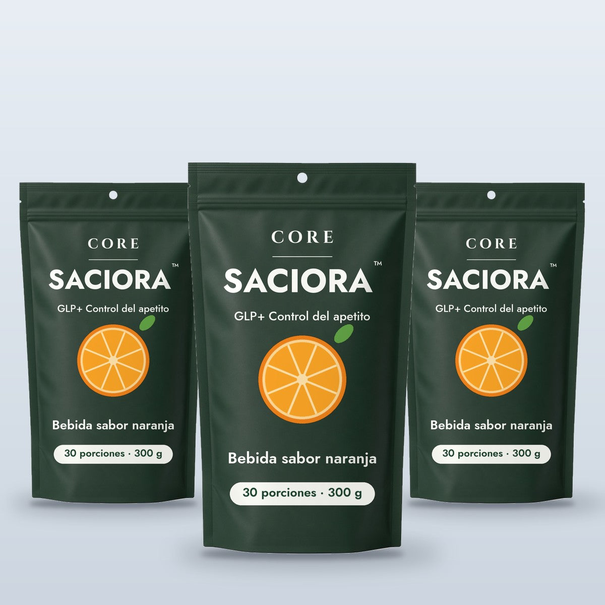 3 paquetes de Saciora™ GLP+ Appetite Control: tres bolsas, la del centro al frente