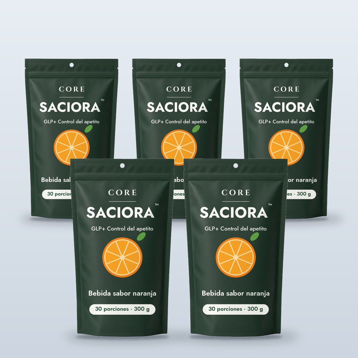 5 paquetes de Saciora™ GLP+ Appetite Control: cinco bolsas, tres atrás y dos al frente