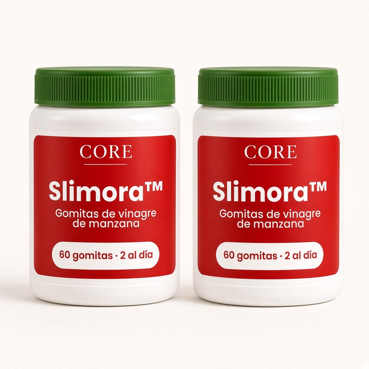2 paquetes de Slimora™ Burn Gummies: dos frascos con tapa verde y etiqueta roja