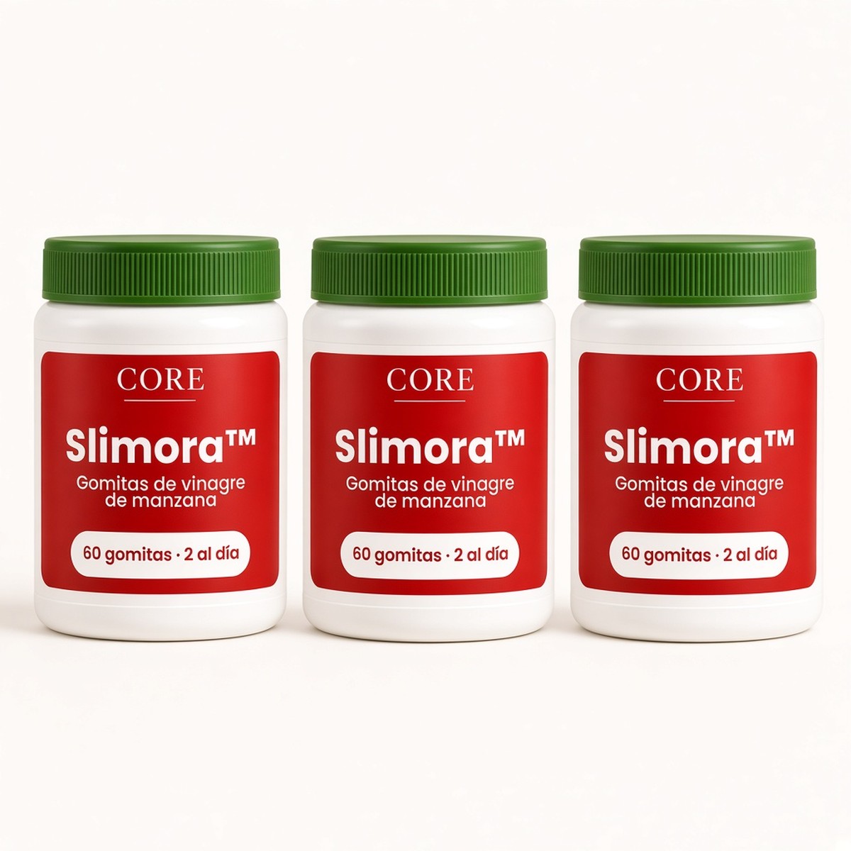 3 paquetes de Slimora™ Burn Gummies: tres frascos con tapa verde y etiqueta roja