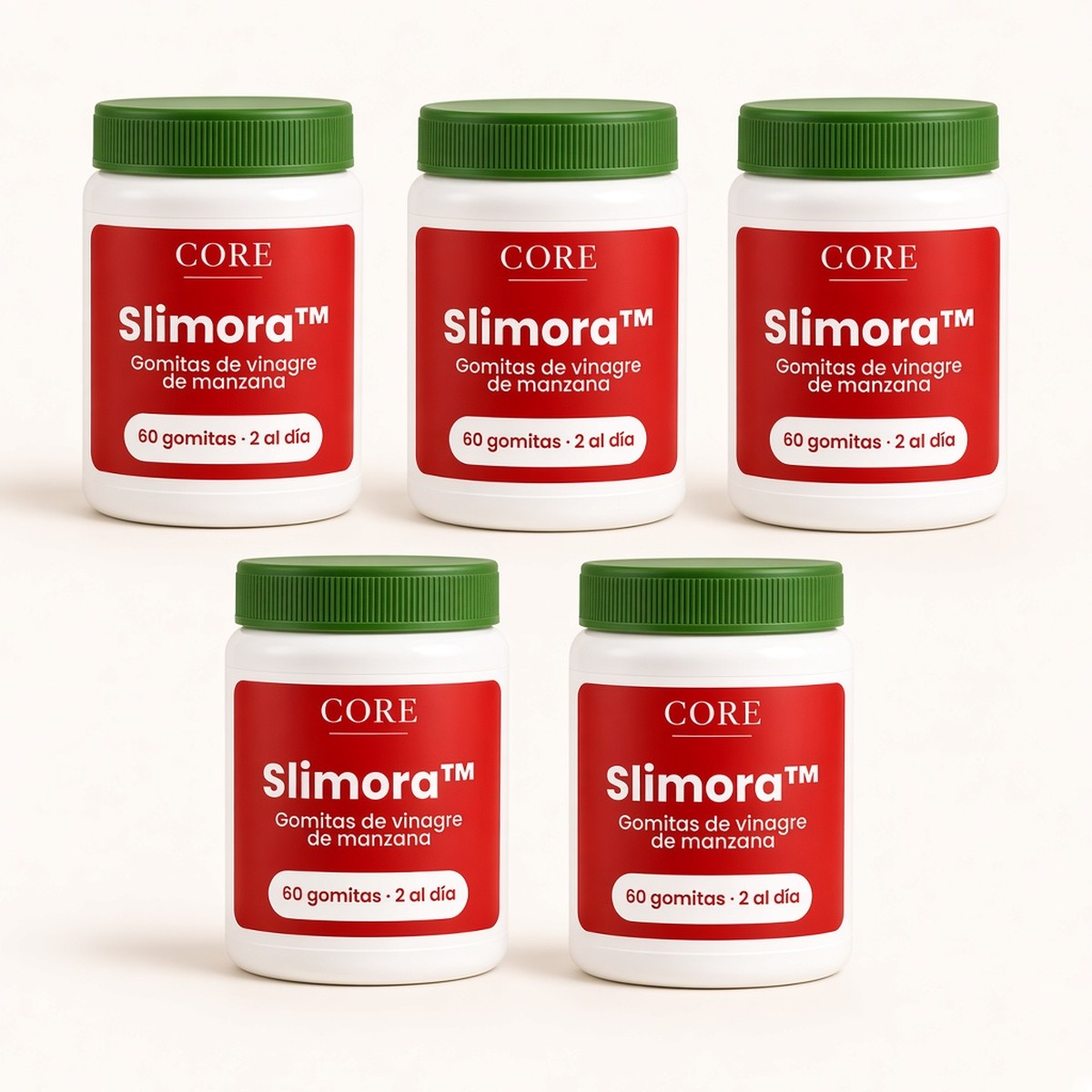 5 paquetes de Slimora™ Burn Gummies: cinco frascos con tapa verde y etiqueta roja