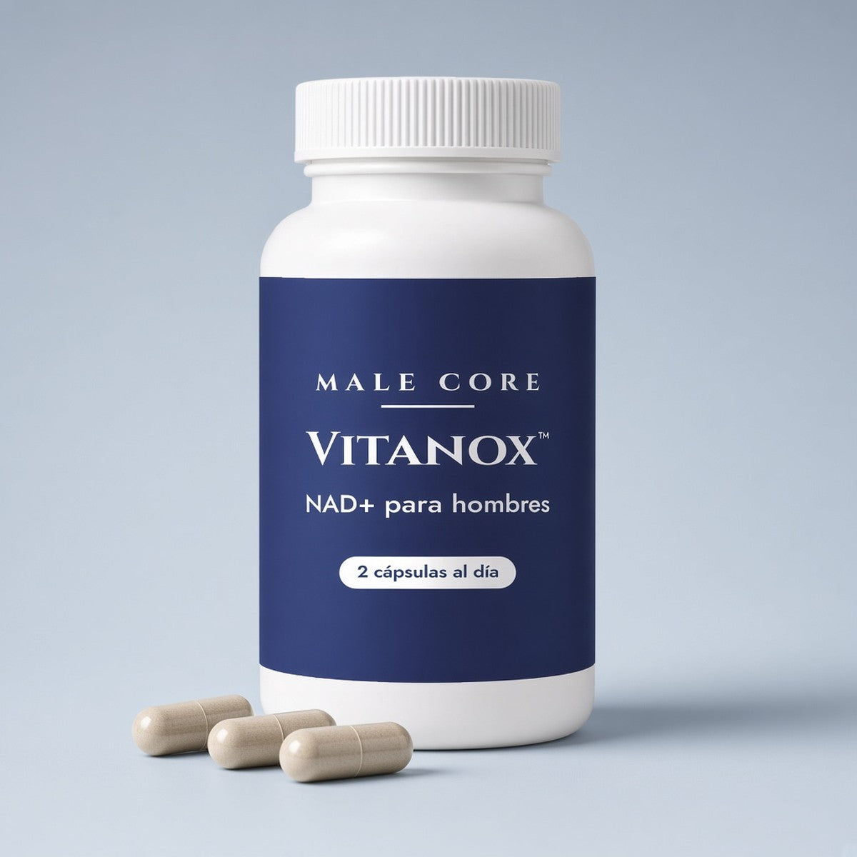 Frasco de Vitanox™ NAD+ for Men de Male Core con tres cápsulas beige al frente